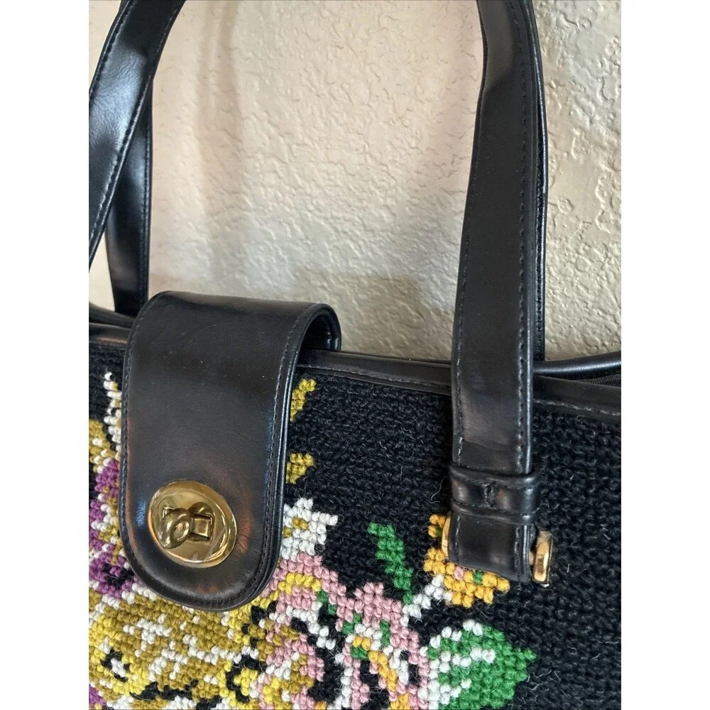 Vintage 1950s Needlepoint Carpetbag Handbag Tapestry Floral Shoulder Bag Purse